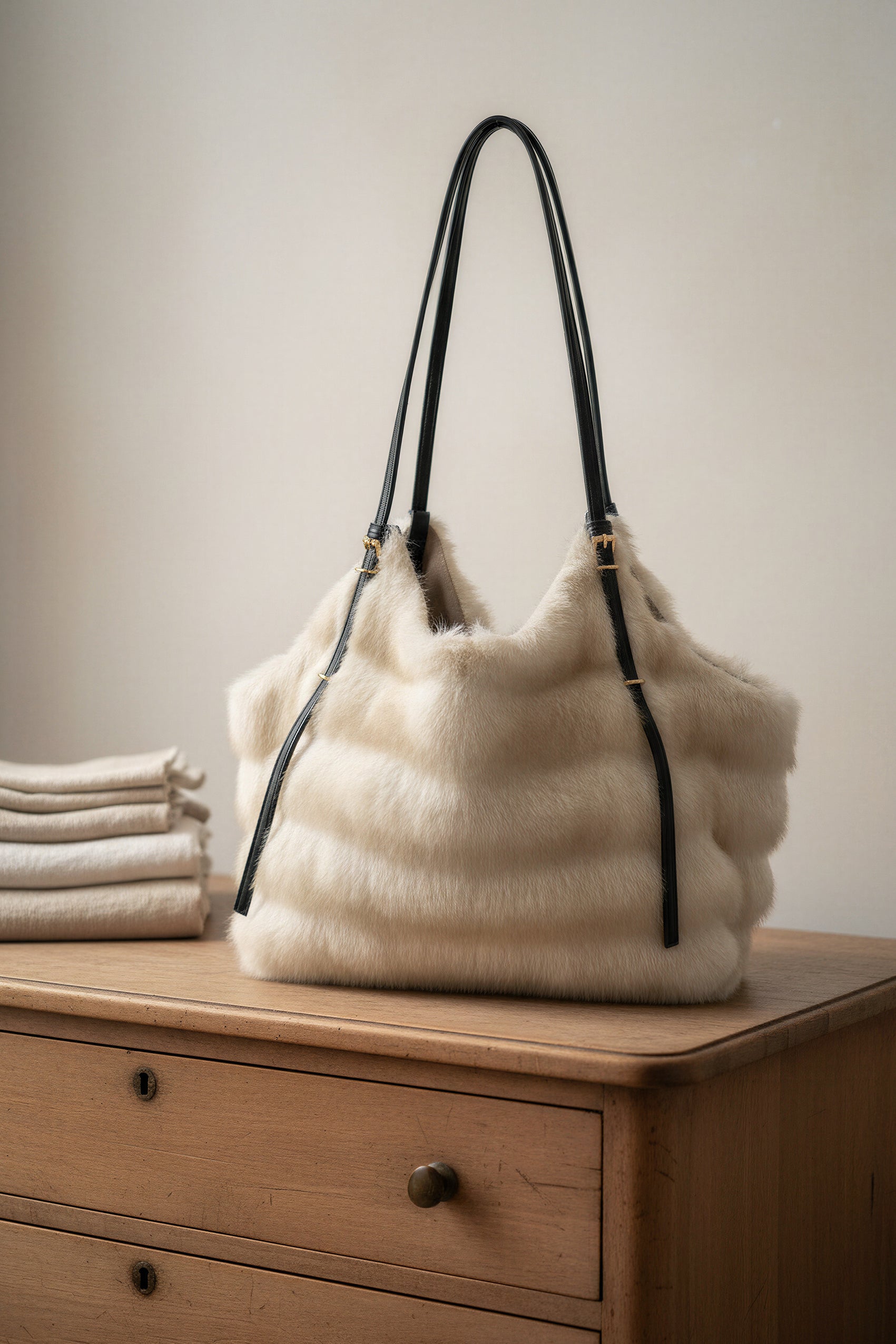 Kleine Shopper-Bag in Felloptik, creme