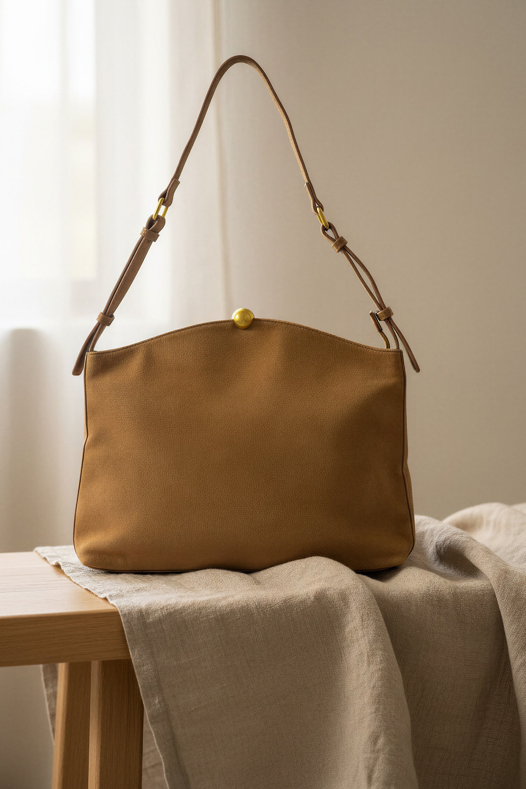 Tasche mit Goldkugelverschluss in Camel