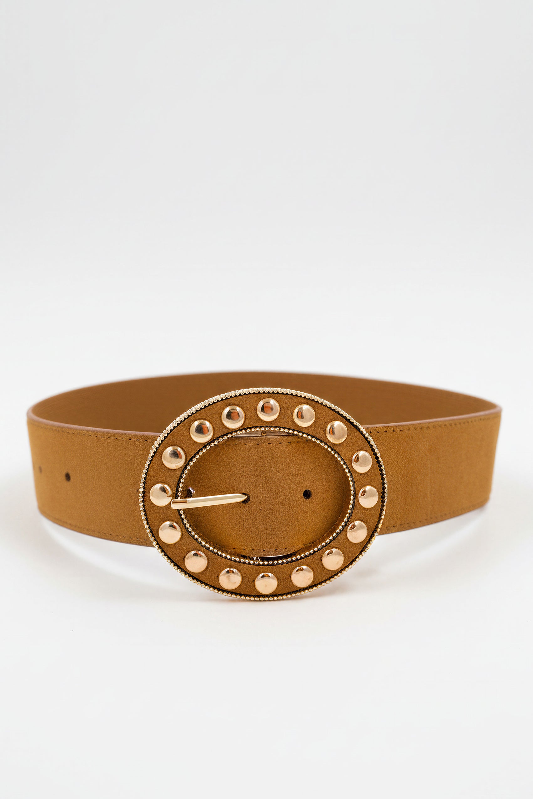 Stretchgürtel in Camel mit runder Schnalle und goldenen Nieten