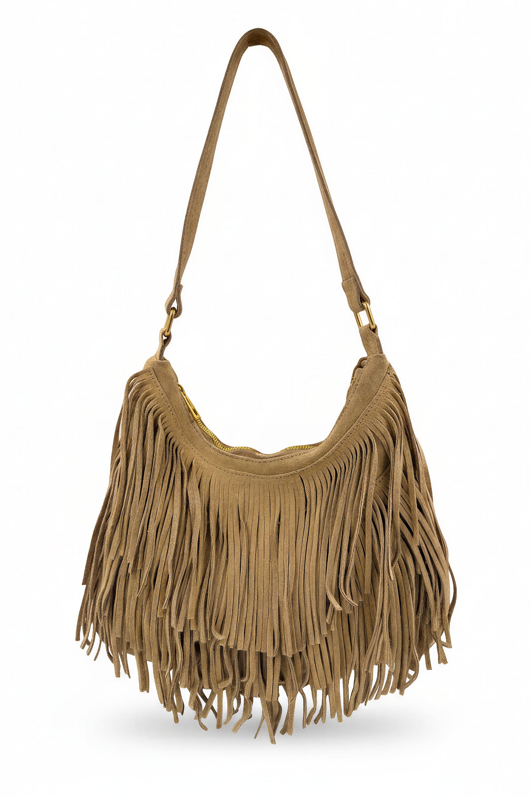 Wildleder-Tasche mit Fransen, beige