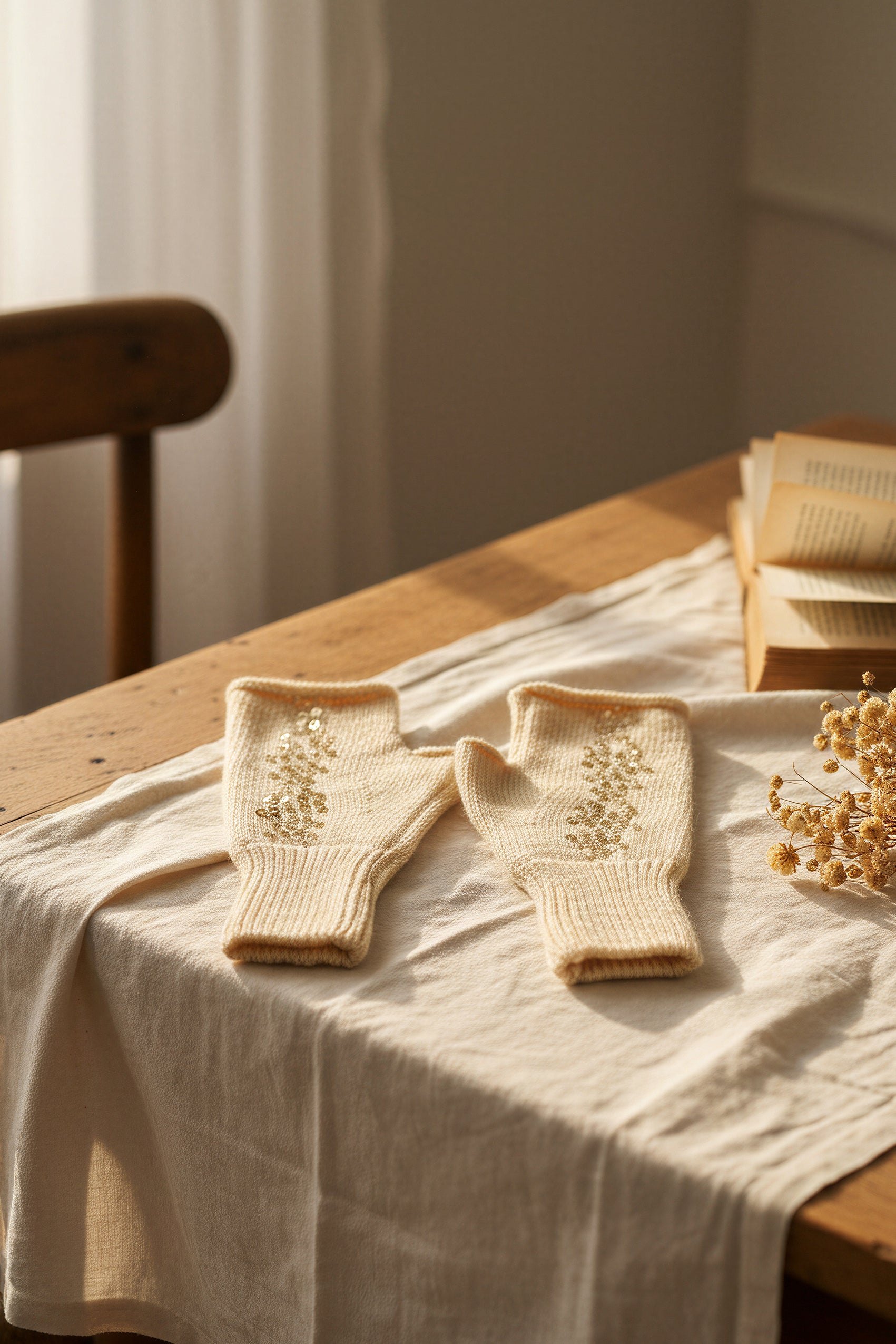 Strick Handstulpen mit Pailletten, champagner