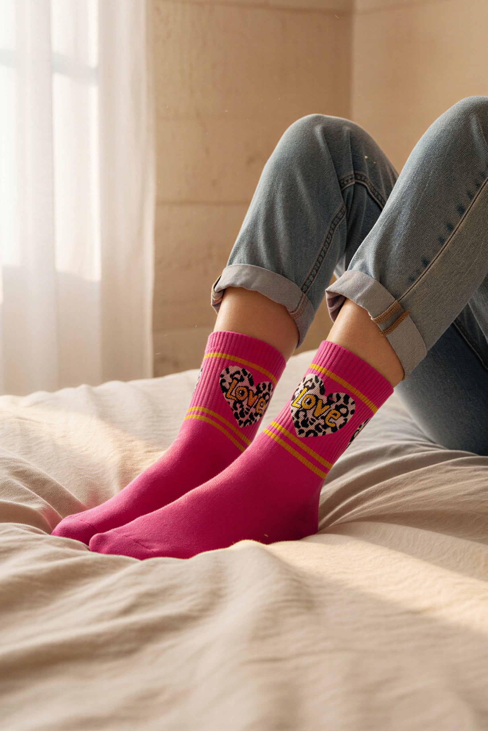 Socken mit Herz mit Leo-Optik, pink