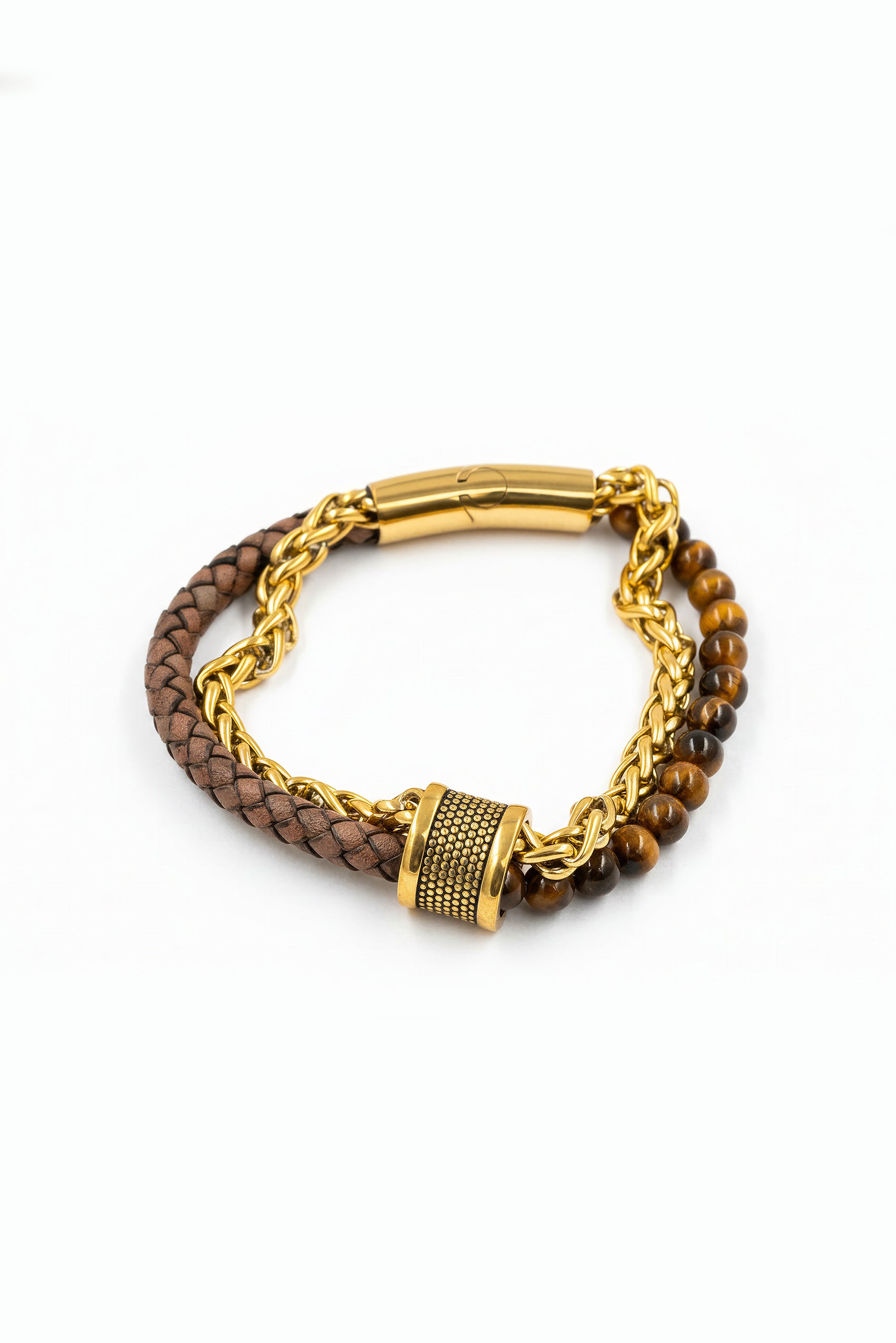 Herrenarmband Goldoptik mit Tigerauge-Perlen, Kette und geflochtenem Band