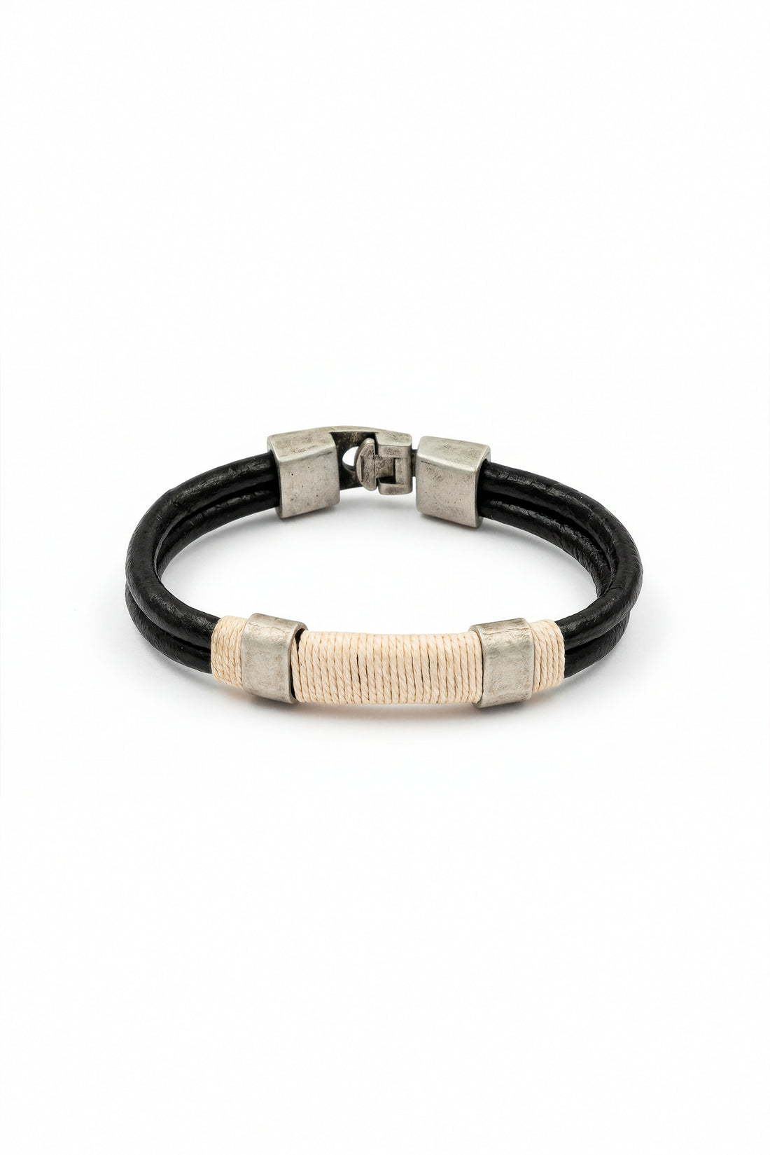 Herrenarmband Schwarz mit beigem Banddetail und Edelstahlverschluss