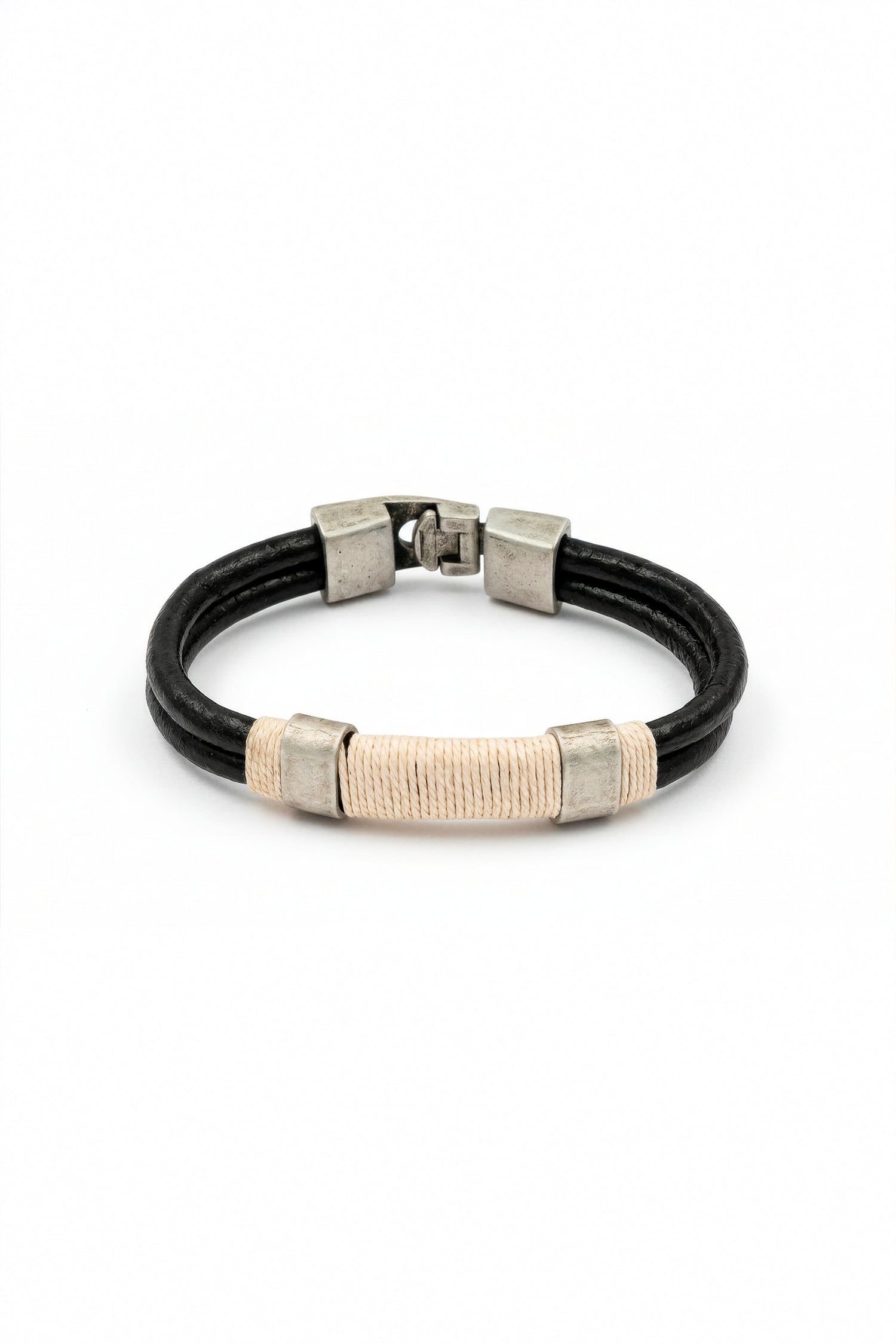 Herrenarmband Schwarz mit beigem Banddetail und Edelstahlverschluss