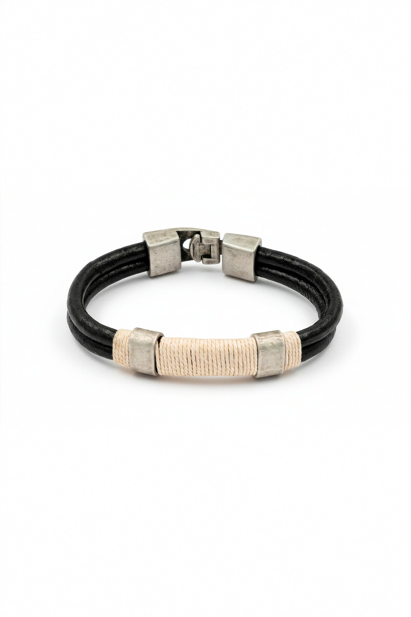 Herrenarmband Schwarz mit beigem Banddetail und Edelstahlverschluss