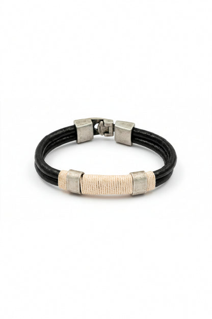 Herrenarmband Schwarz mit beigem Banddetail und Edelstahlverschluss