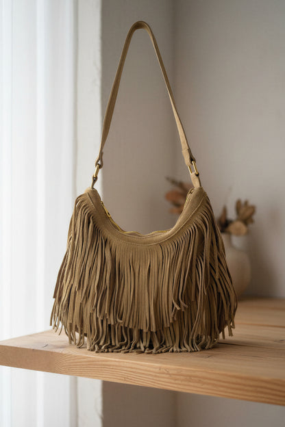 Wildleder-Tasche mit Fransen, beige