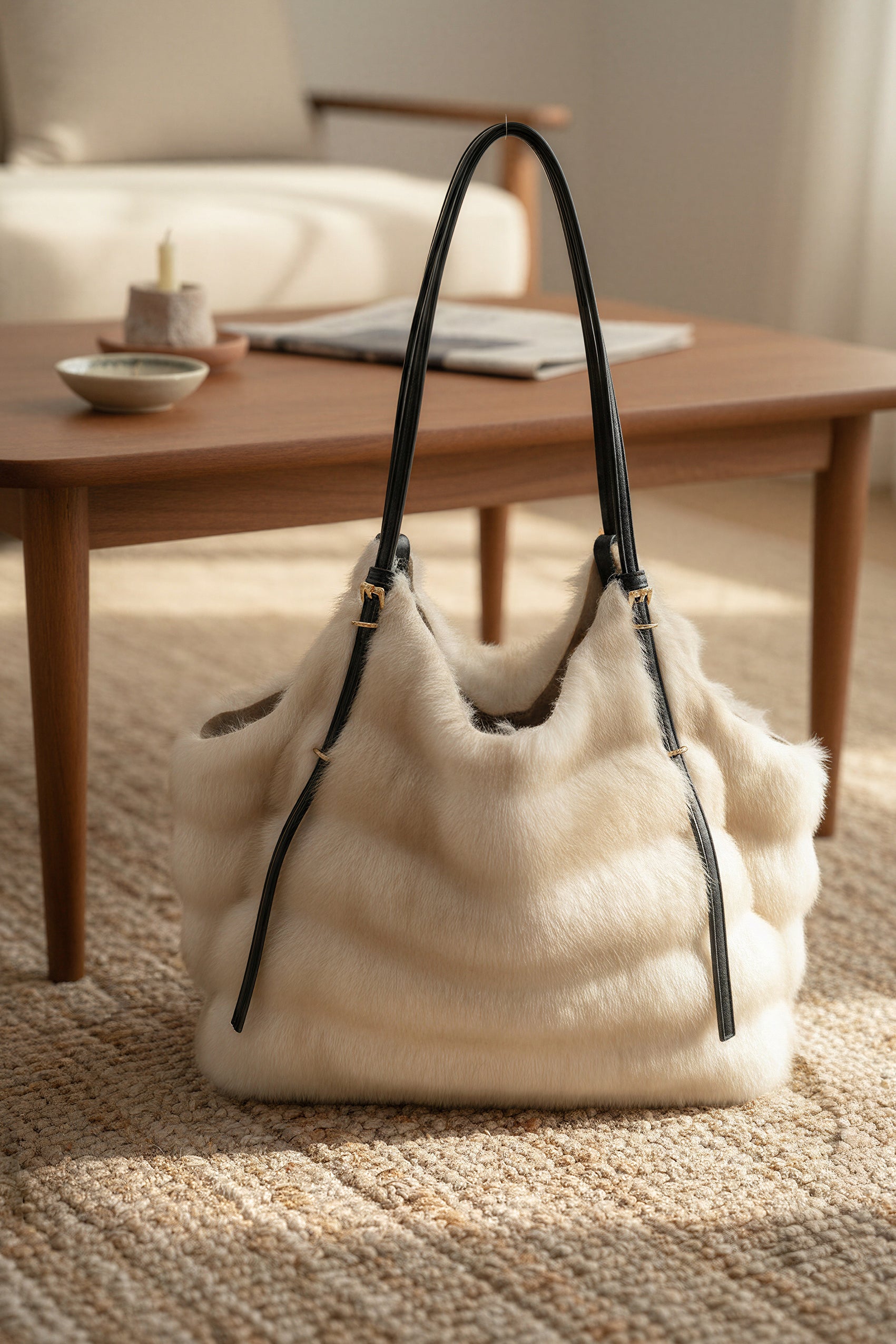 Kleine Shopper-Bag in Felloptik, creme