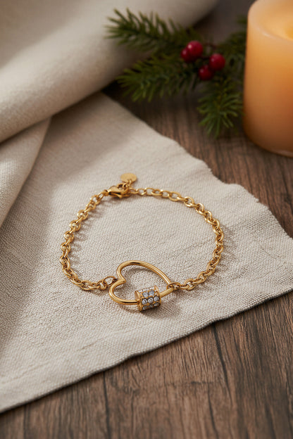 Goldenes Herz-Armkettchen mit Schloss und Zirkonia