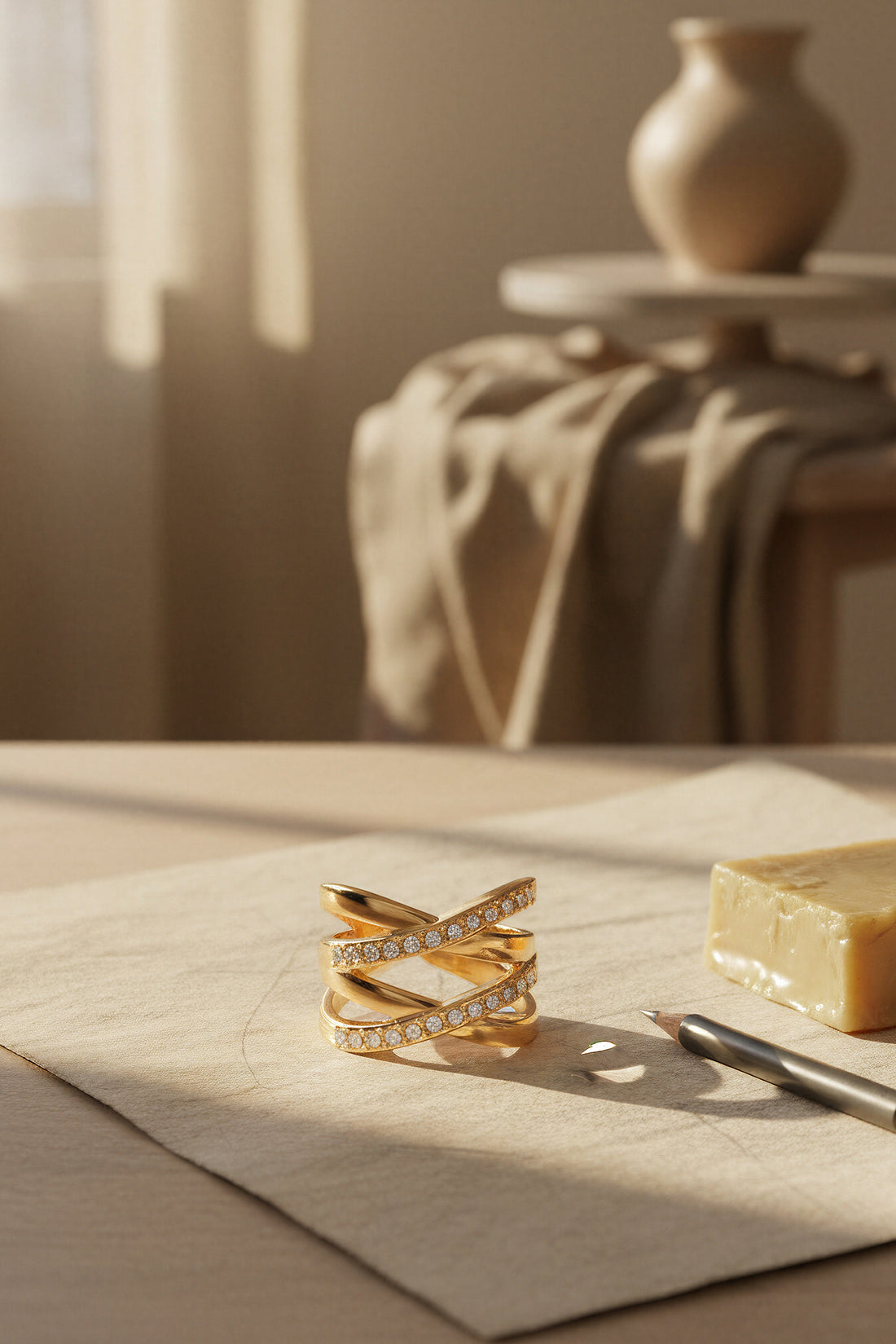 Eleganter Kreuzring aus goldfarbenem Edelstahl mit Zirkonia