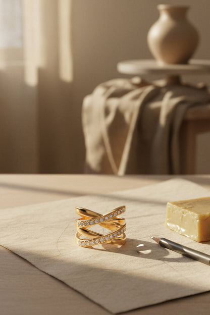 Eleganter Kreuzring aus goldfarbenem Edelstahl mit Zirkonia