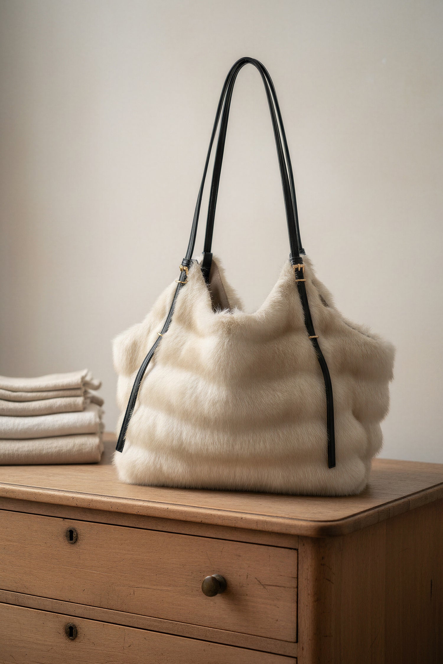 Kleine Shopper-Bag in Felloptik, creme