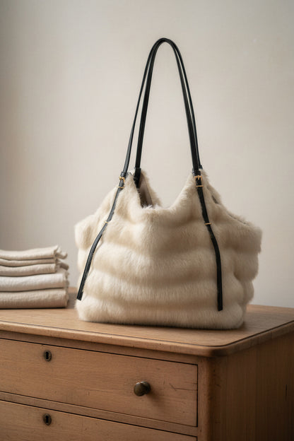 Kleine Shopper-Bag in Felloptik, creme