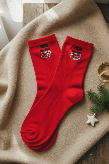 Socken mit Schneemann aus Strasssteinchen