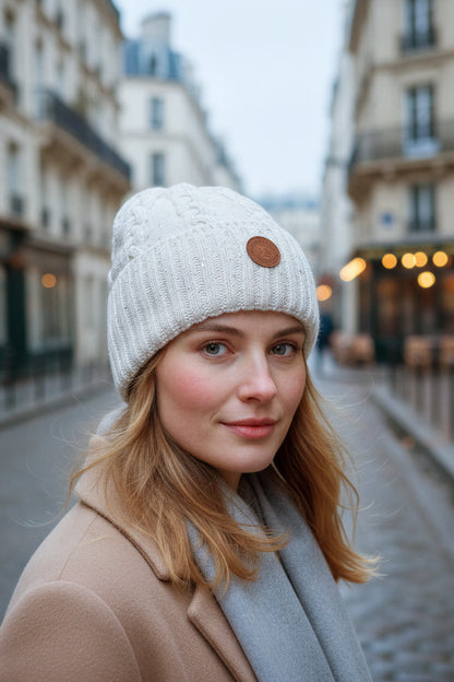 Gestrickte Mütze mit dezentem Glitzer und breitem Umschlag, creme