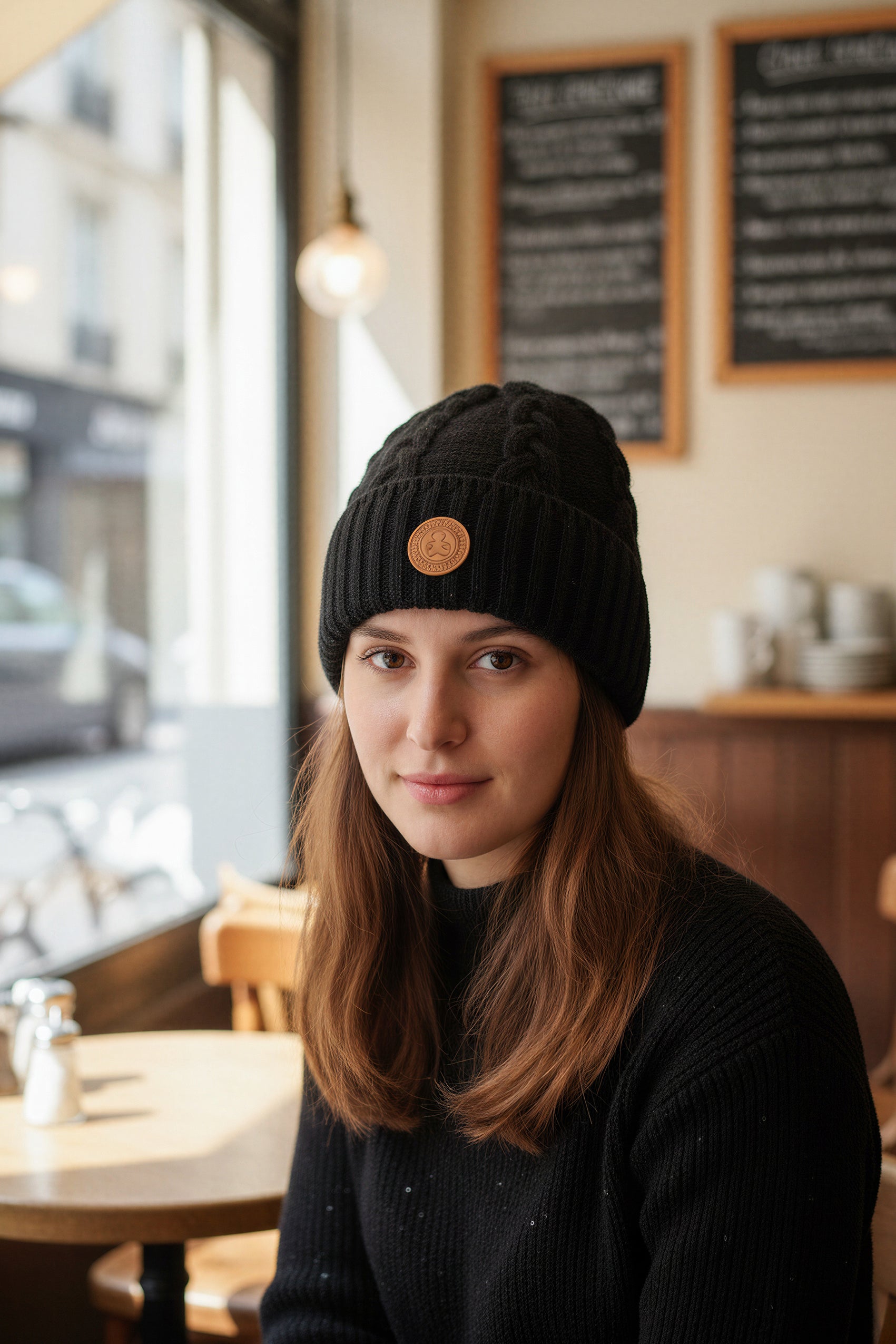 Gestrickte Mütze mit dezentem Glitzer und breitem Umschlag, schwarz