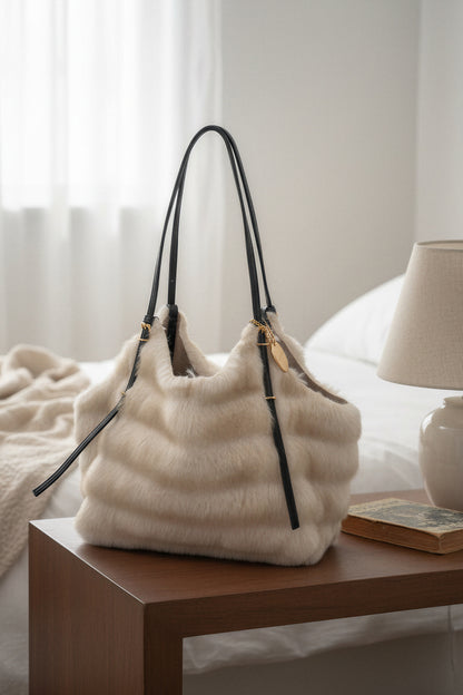 Kleine Shopper-Bag in Felloptik, creme