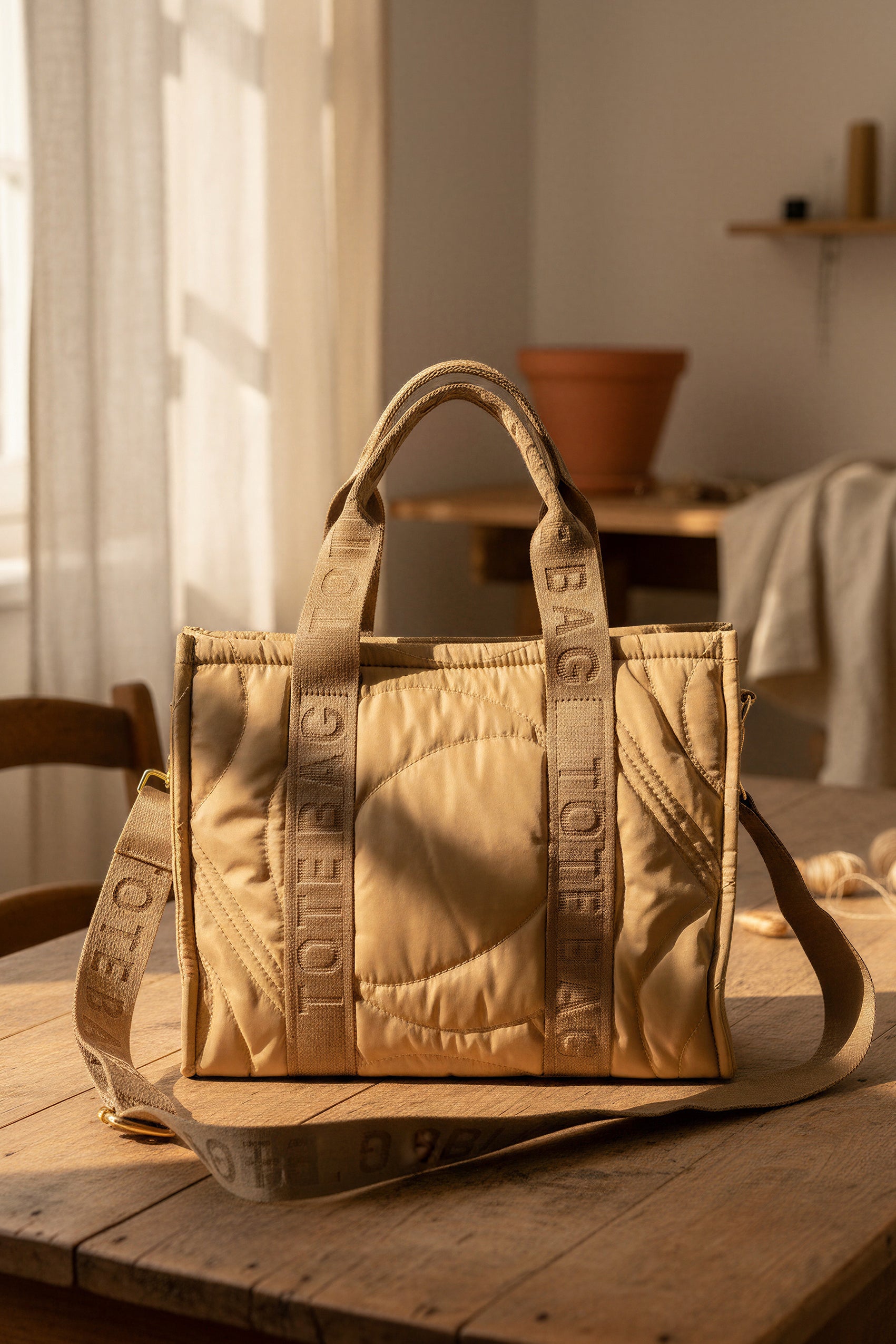 Gesteppte Tote Tag in Camel