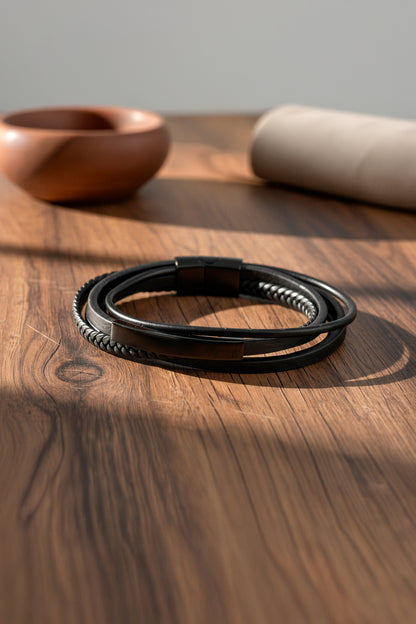 Herren Kunstlederarmband in Schwarz mit glatten und geflochtenen Strängen