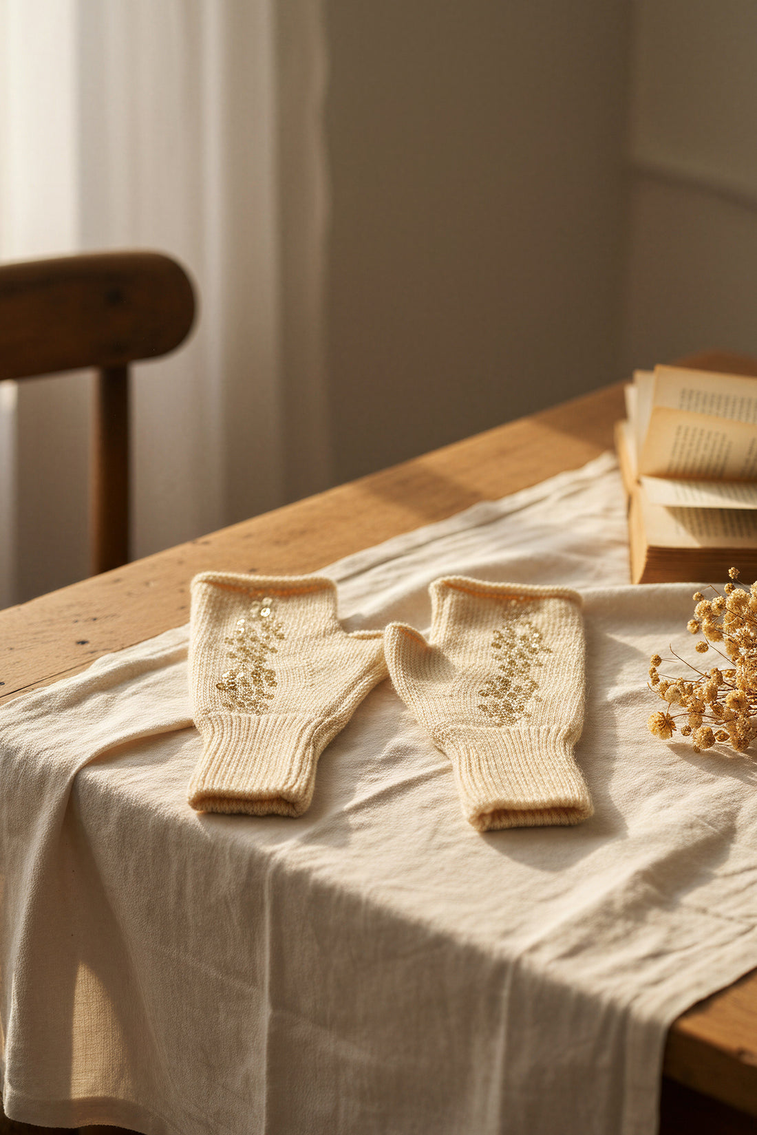 Strick Handstulpen mit Pailletten, champagner