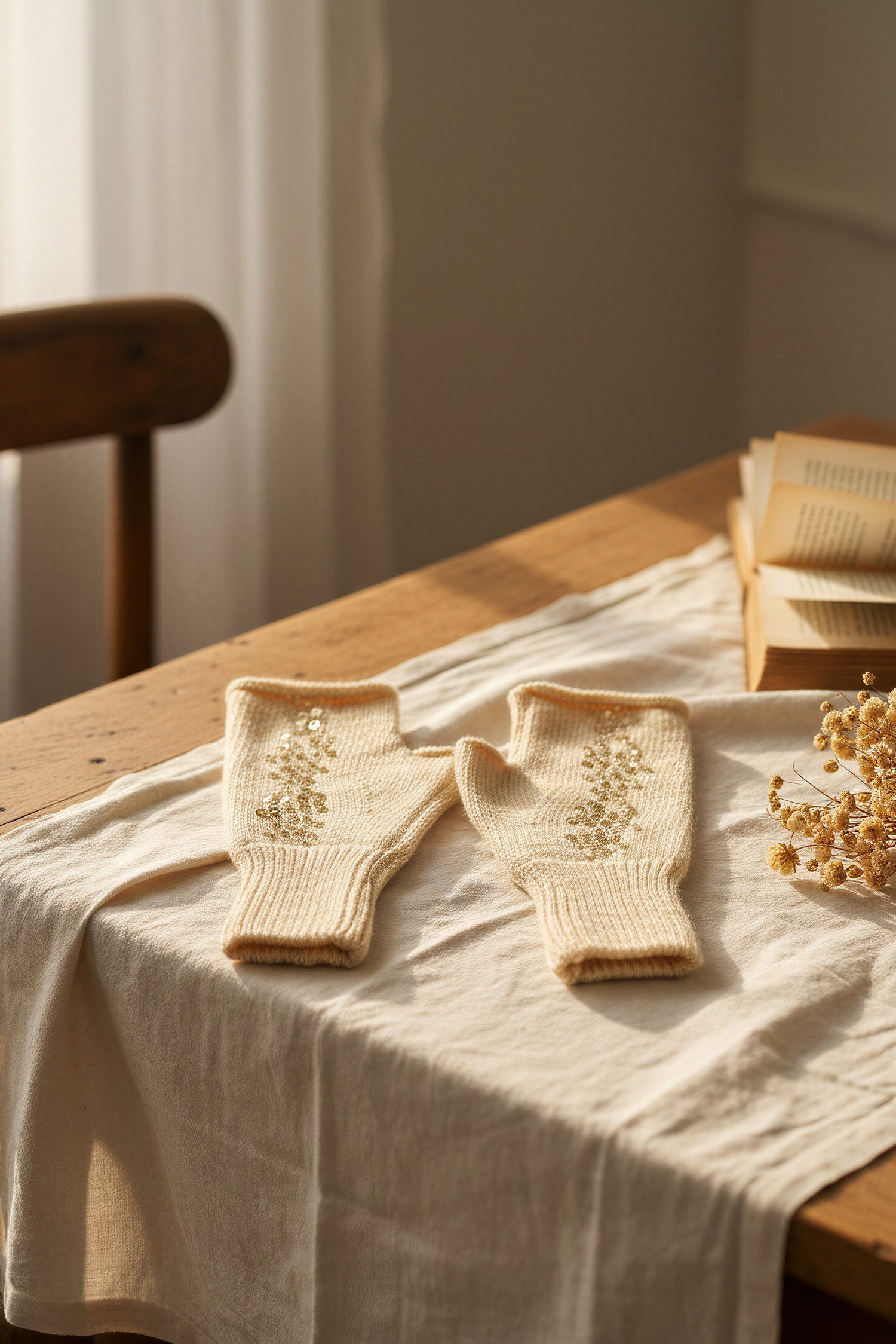 Strick Handstulpen mit Pailletten, champagner