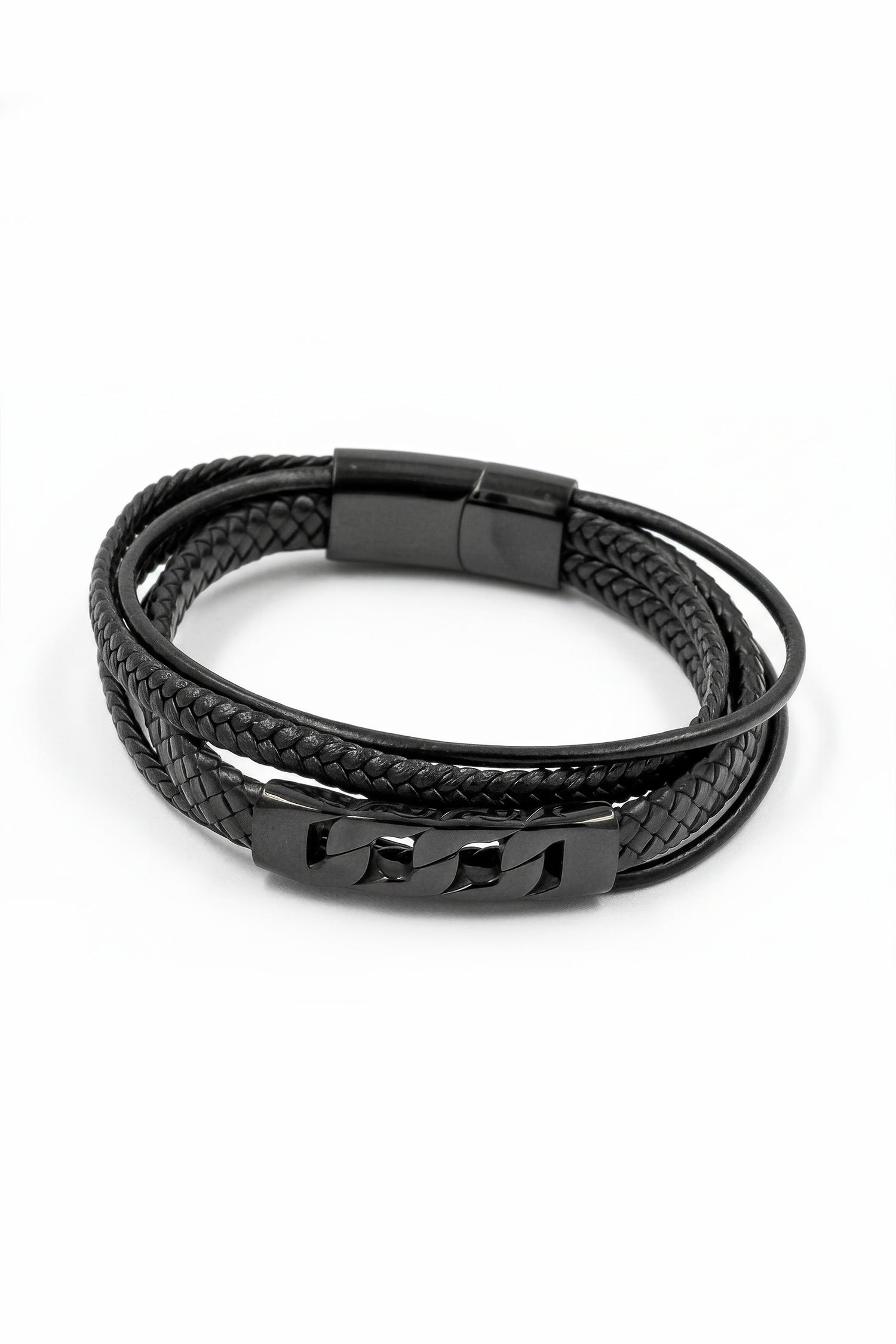 Herren Kunstlederarmband in Schwarz mit geflochtenen Strängen und Edelstahlverschluss