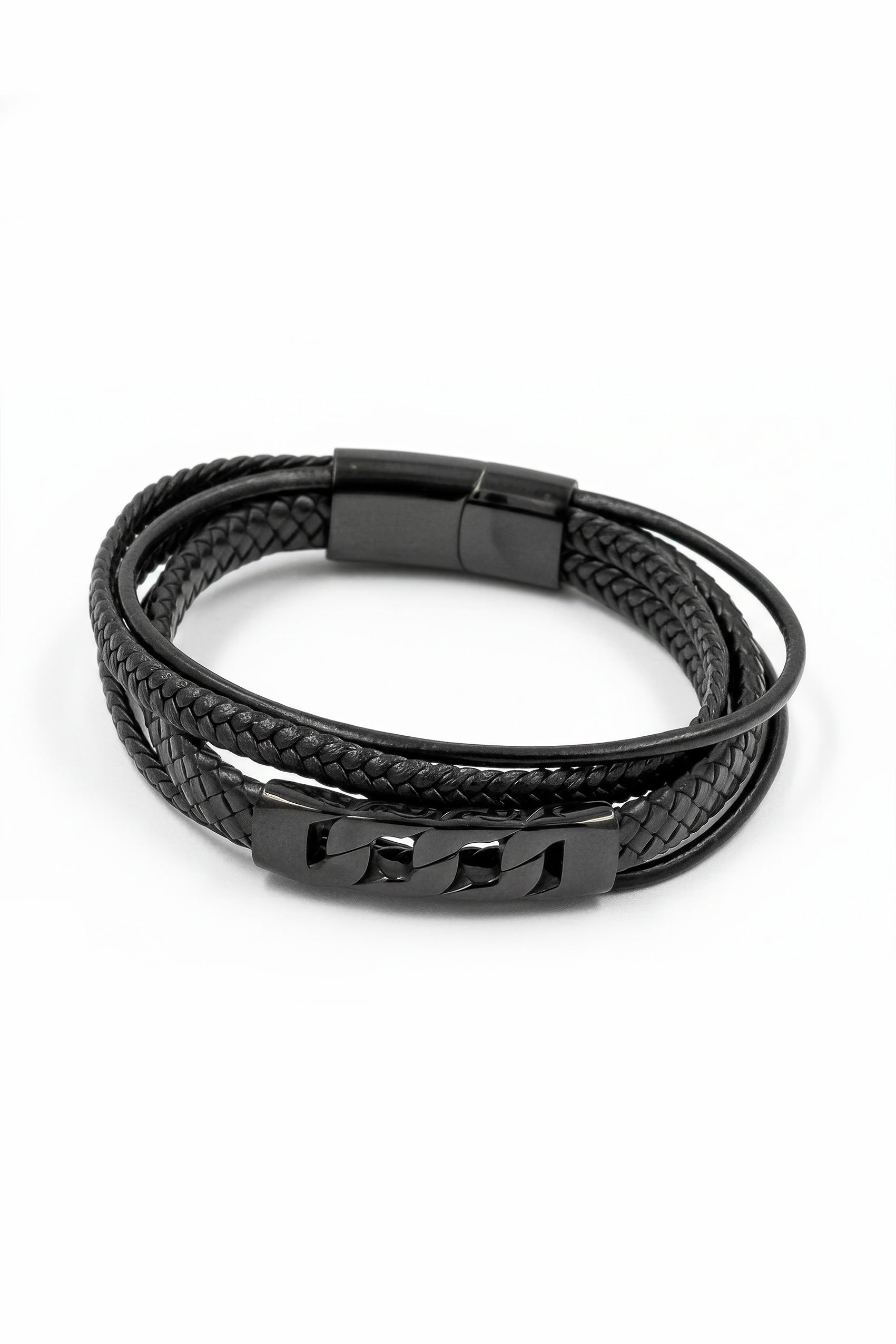 Herren Kunstlederarmband in Schwarz mit geflochtenen Strängen und Edelstahlverschluss