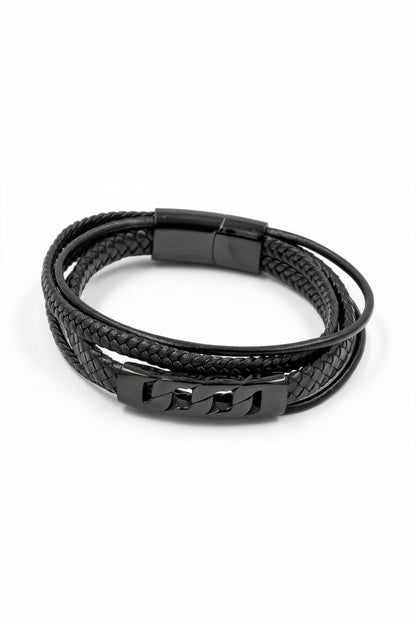 Herren Kunstlederarmband in Schwarz mit geflochtenen Strängen und Edelstahlverschluss