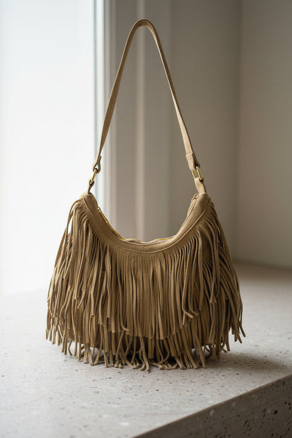 Wildleder-Tasche mit Fransen, beige