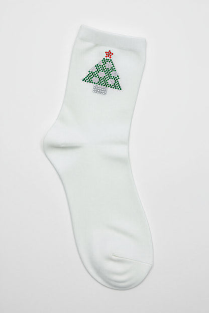 Socken mit Tannenbaum-Motiv in Weiß