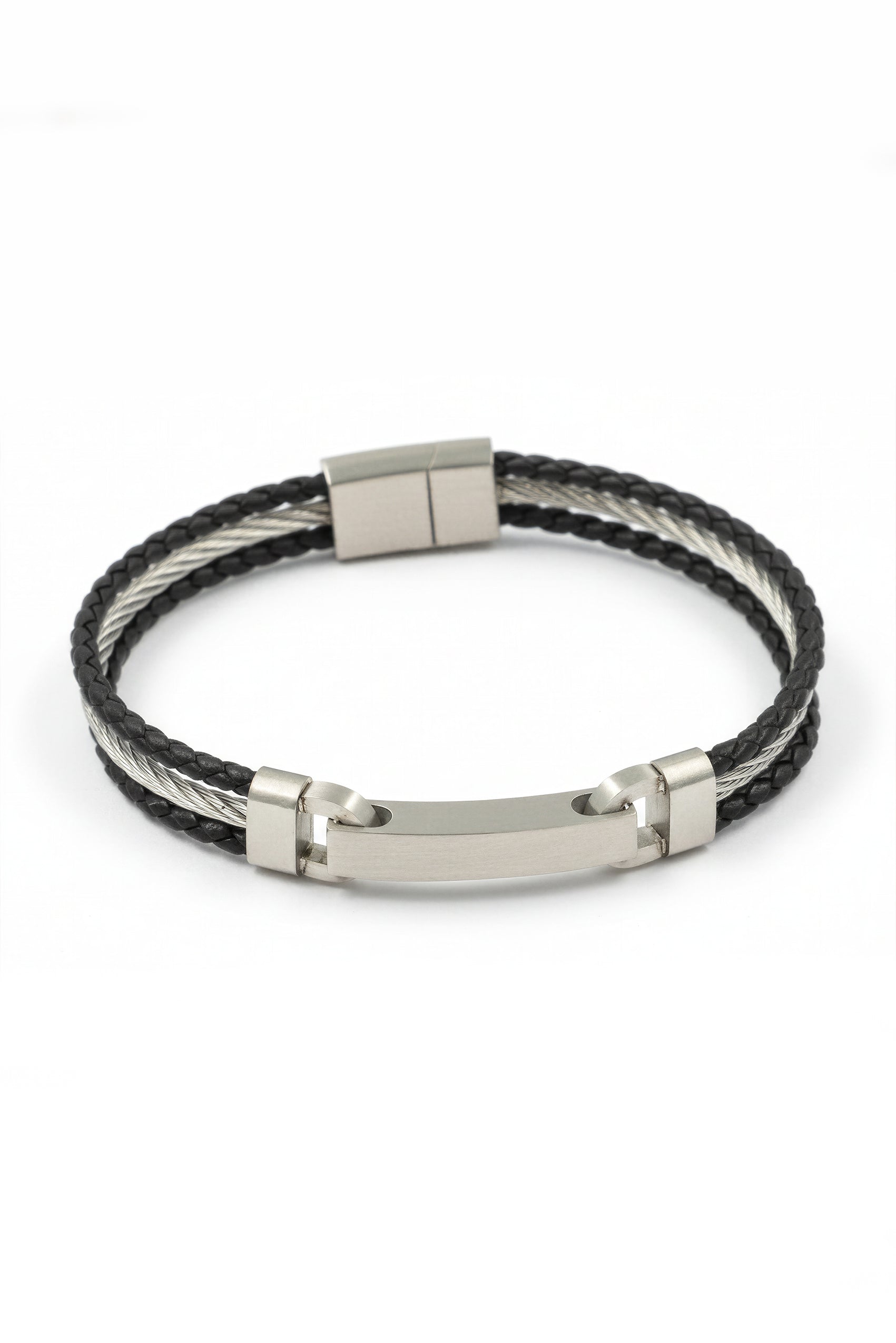 Schwarzes Kunstlederarmband mit Edelstahlplatte