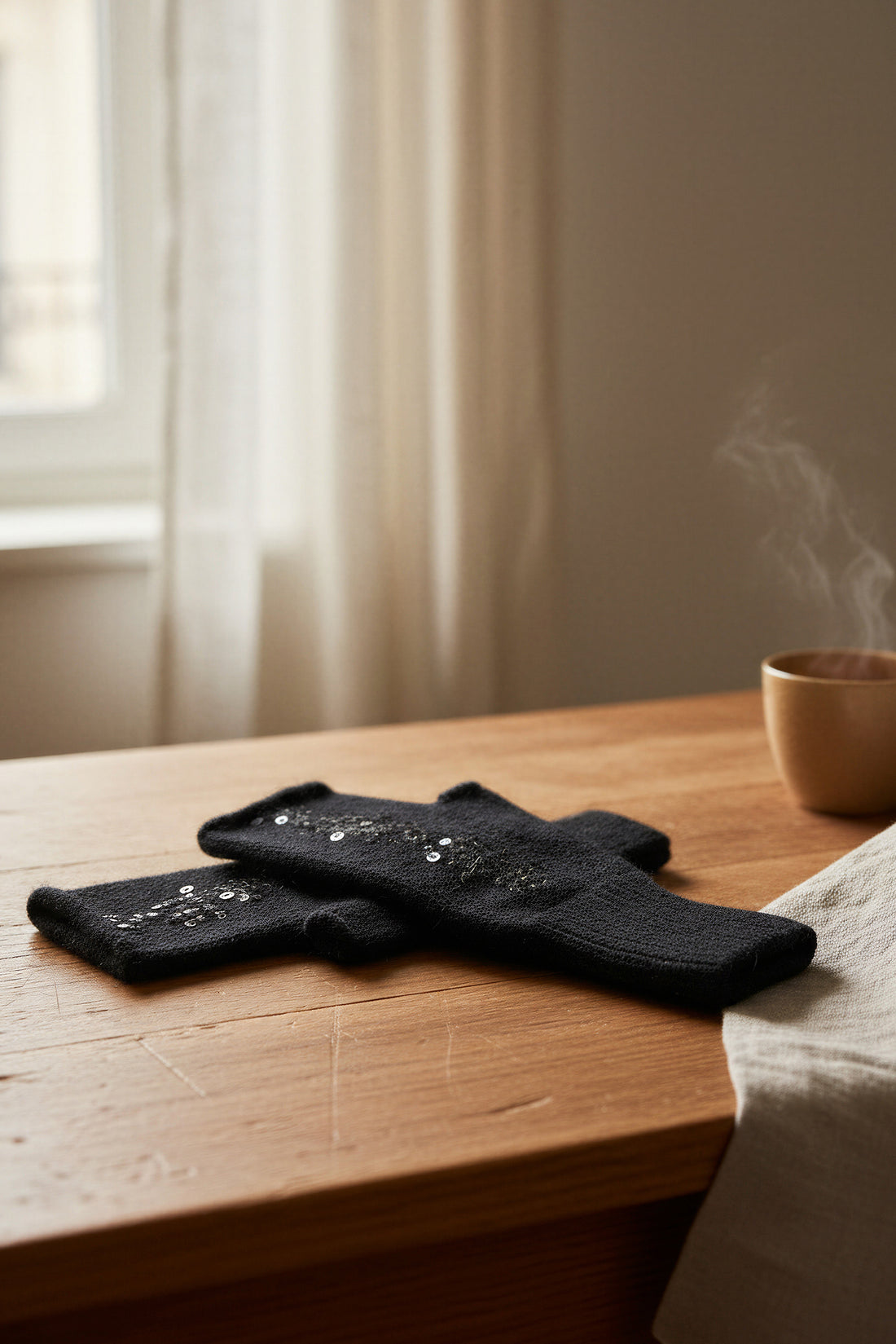 Strick Handstulpen mit Pailletten, schwarz