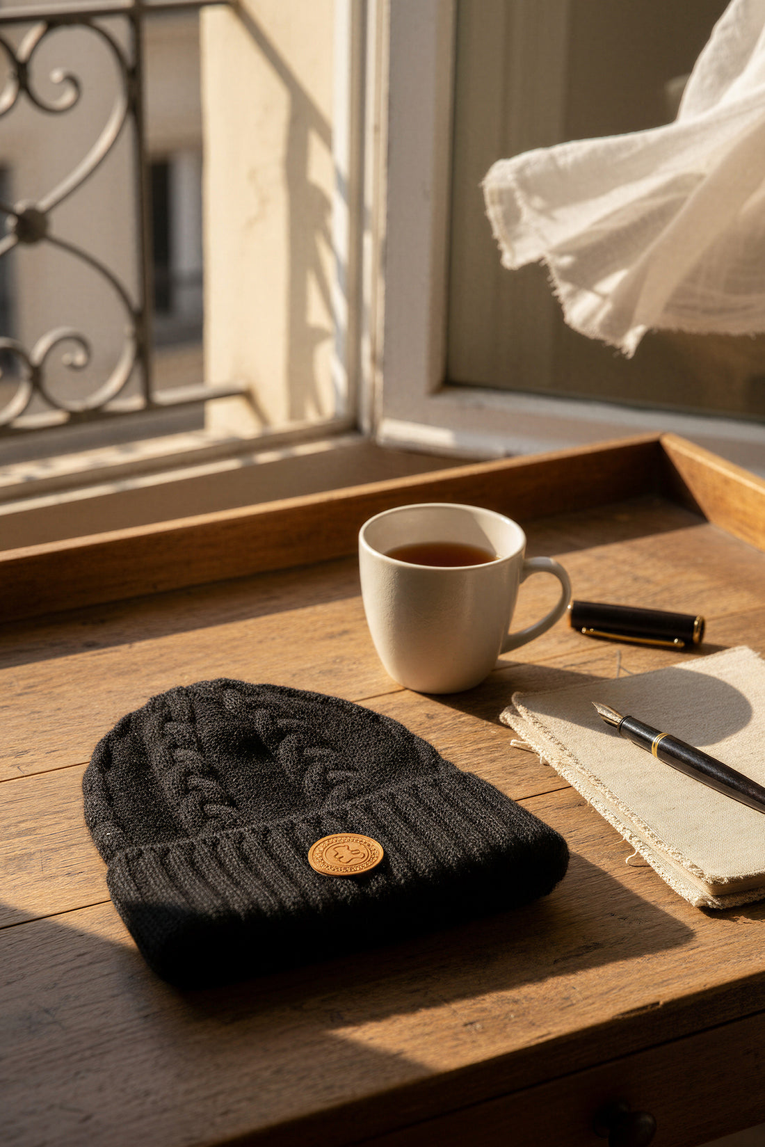 Gestrickte Mütze mit dezentem Glitzer und breitem Umschlag, schwarz