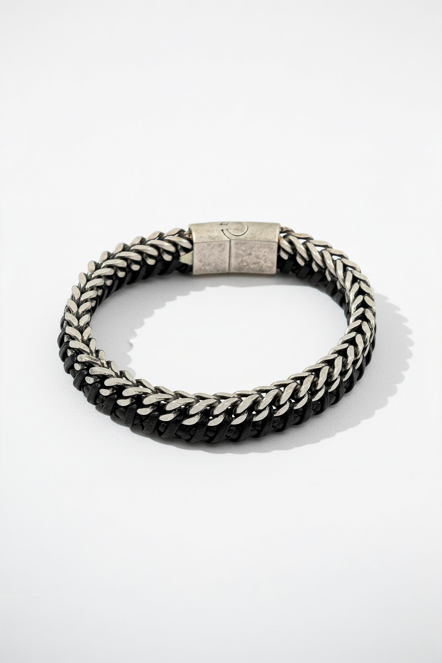 Edelstahl Herrenarmband mit geflochtenem Kunstleder, schwarz/silber