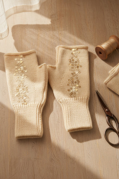 Strick Handstulpen mit Pailletten, champagner