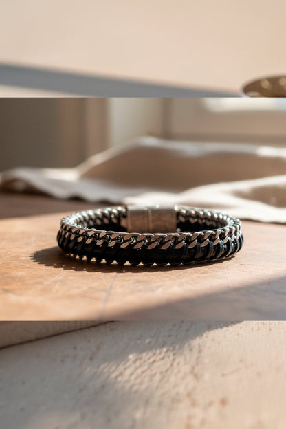 Edelstahl Herrenarmband mit geflochtenem Kunstleder, schwarz/silber