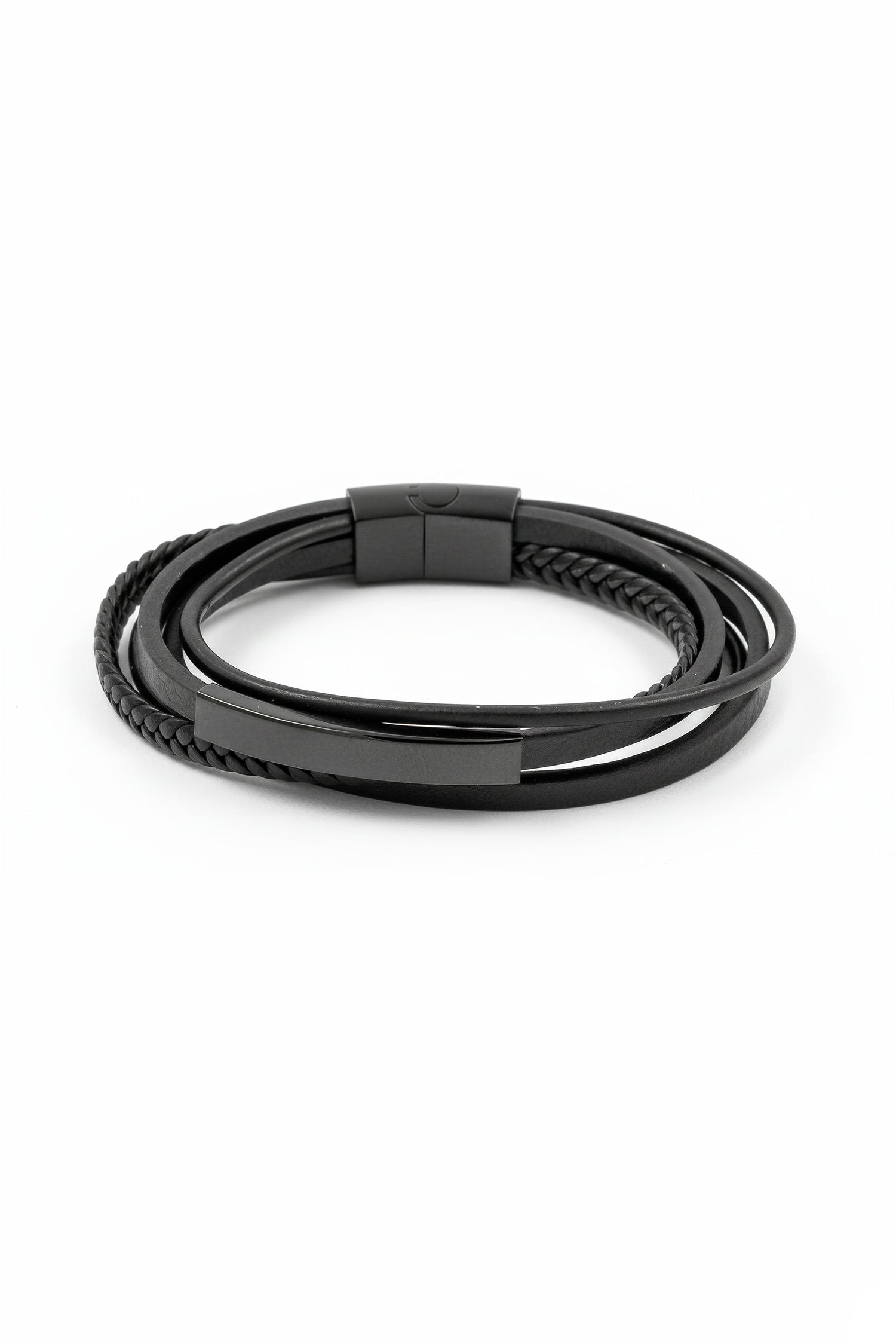 Herren Kunstlederarmband in Schwarz mit glatten und geflochtenen Strängen