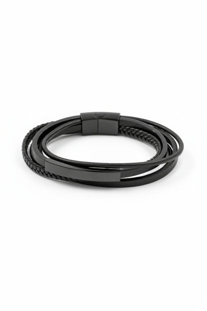 Herren Kunstlederarmband in Schwarz mit glatten und geflochtenen Strängen