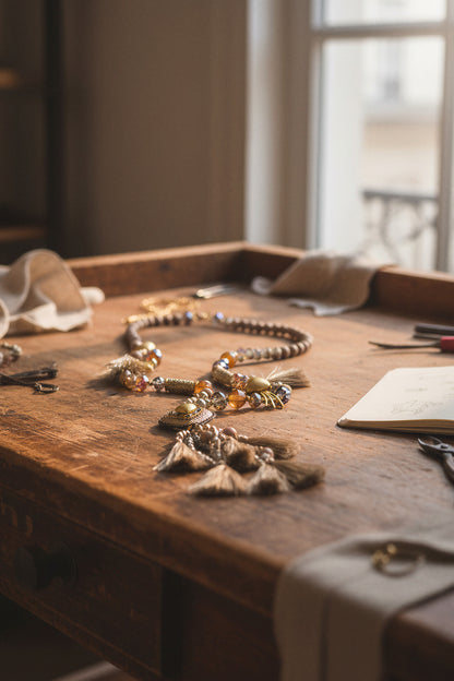 Lange Kette mit Herzanhänger Taupe Gold