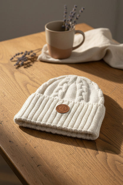 Gestrickte Mütze mit dezentem Glitzer und breitem Umschlag, creme