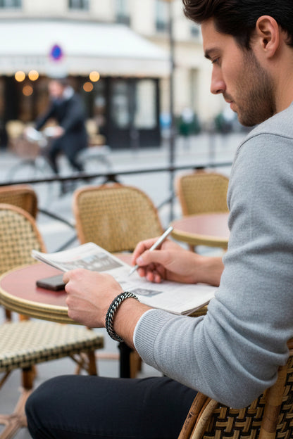 Edelstahl Herrenarmband mit geflochtenem Kunstleder, schwarz/silber