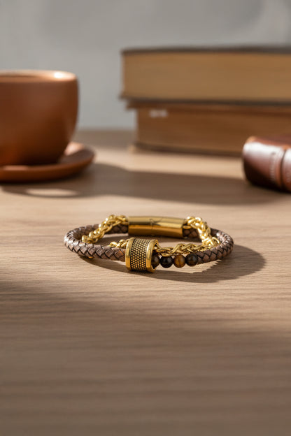 Herrenarmband Goldoptik mit Tigerauge-Perlen, Kette und geflochtenem Band