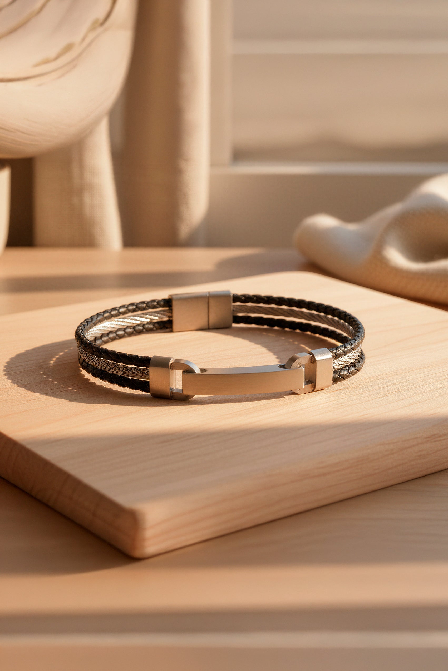 Schwarzes Kunstlederarmband mit Edelstahlplatte