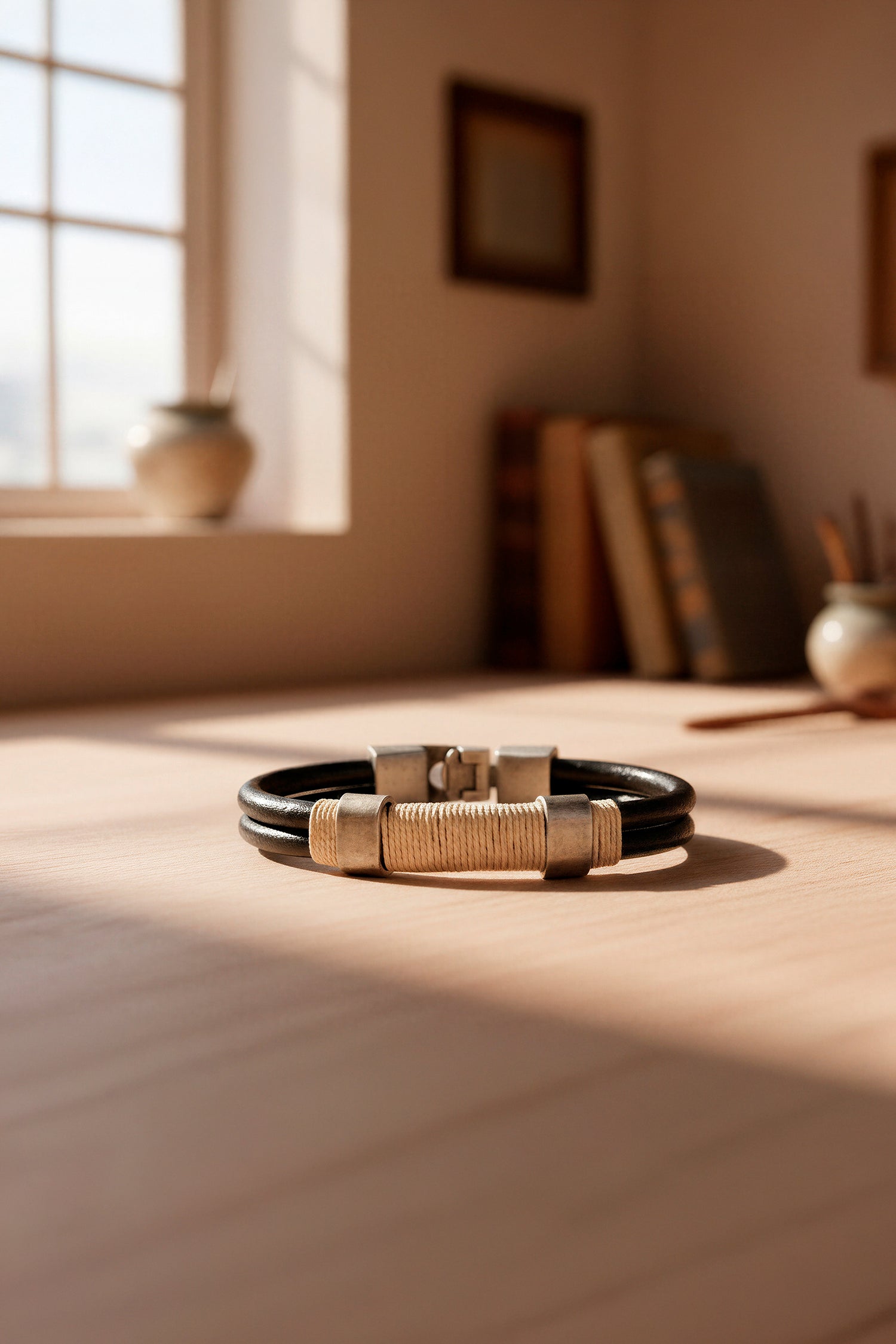 Herrenarmband Schwarz mit beigem Banddetail und Edelstahlverschluss