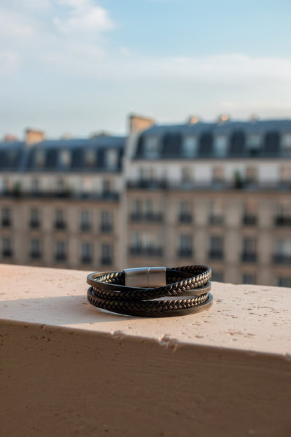 Lederarmband mit Edelstahlverschluss, schwarz/silber