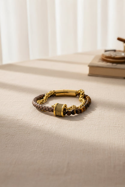 Herrenarmband Goldoptik mit Tigerauge-Perlen, Kette und geflochtenem Band